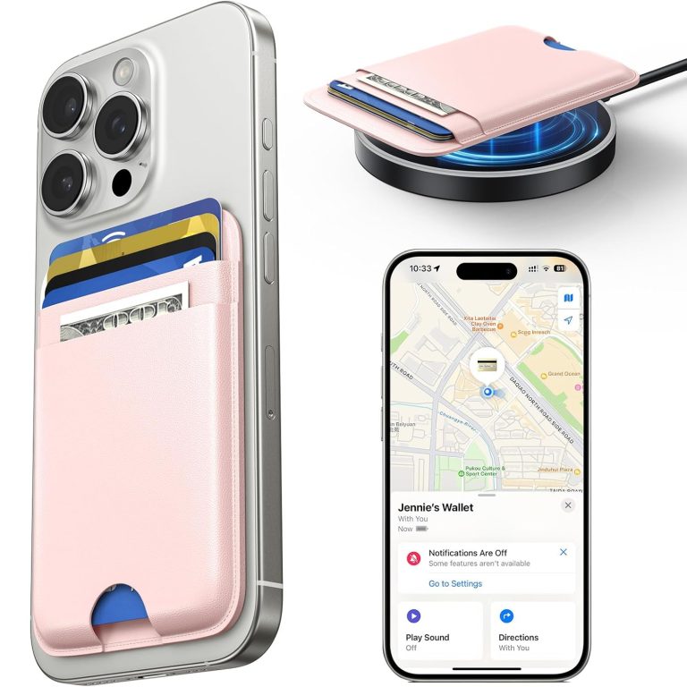 MagSafe Wallet with Full Find My Slim RFID-Blocking Vegan Leather Phone Wallet Portable Dual-Pocket 5 Cards Holder Strong Magnetic for iPhone 12–16 Series Not for 13/12 Mini (Pink)