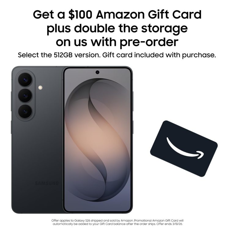 Samsung Galaxy S26, Unlocked Android Smartphone + $100 Gift Card, 512GB, Powerful Processor, Galaxy AI, Immersive Viewing, Durable Battery, 2026, US 1 Year Warranty, Black