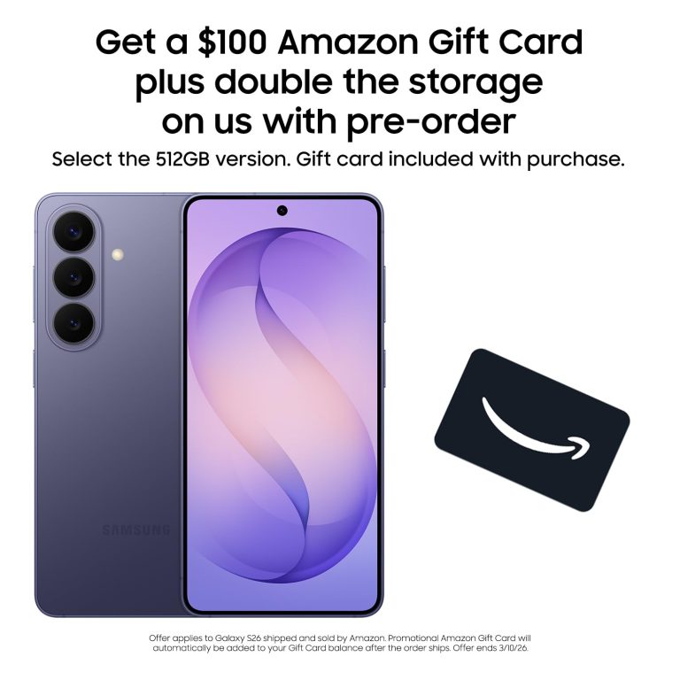 Samsung Galaxy S26, Unlocked Android Smartphone + $100 Gift Card, 512GB, Powerful Processor, Galaxy AI, Immersive Viewing, Durable Battery, 2026, US 1 Year Warranty, Cobalt Violet